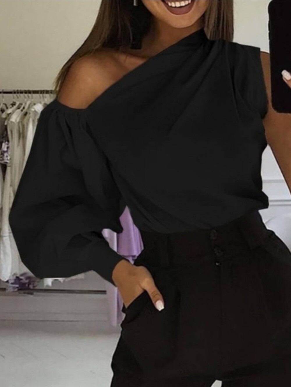 One-Shoulder Black Blouse with Balloon Sleeve